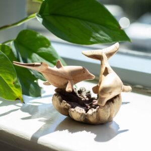 Handmade Parasite Wood Art Carving – Dolphins in Play