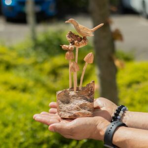 Handmade Parasite Wood Art Carving – Bird & Bee on Mushrooms